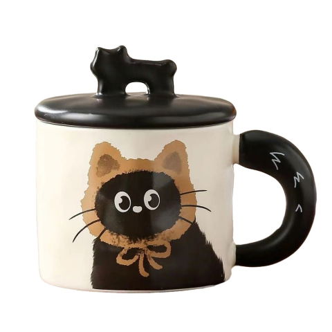 Veselă pentru Masă - Cana din Ceramica, Flippy, Model in Cutie pentru Cadou, Cana pentru Ceai, Cafea, Cana Retro Design Capac cu Figurina 3D, 9.5 x 8 x 8 cm, 360 ml, Bej, Print Pisica Maro Negru
