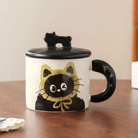 Veselă pentru Masă - Cana din Ceramica, Flippy, Model in Cutie pentru Cadou, Cana pentru Ceai, Cafea, Cana Retro Design Capac cu Figurina 3D, 9.5 x 8 x 8 cm, 360 ml, Bej, Print Pisica Galben Negru