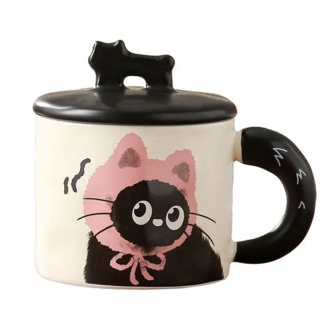 Veselă pentru Masă - Cana din Ceramica, Flippy, Model in Cutie pentru Cadou, Cana pentru Ceai, Cafea, Cana Retro Design Capac cu Figurina 3D, 9.5 x 8 x 8 cm, 360 ml, Bej, Print Pisica Roz Negru