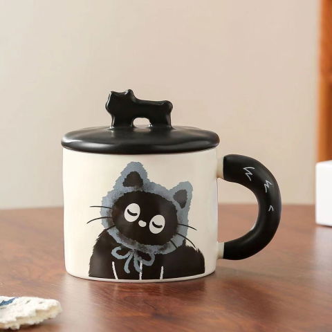 Veselă pentru Masă - Cana din Ceramica, Flippy, Model in Cutie pentru Cadou, Cana pentru Ceai, Cafea, Cana Retro Design Capac cu Figurina 3D, 9.5 x 8 x 8 cm, 360 ml, Bej, Print Pisica Albastru Negru