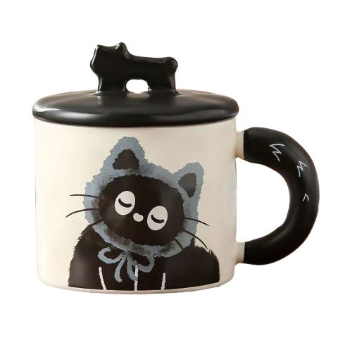 Veselă pentru Masă - Cana din Ceramica, Flippy, Model in Cutie pentru Cadou, Cana pentru Ceai, Cafea, Cana Retro Design Capac cu Figurina 3D, 9.5 x 8 x 8 cm, 360 ml, Bej, Print Pisica Albastru Negru