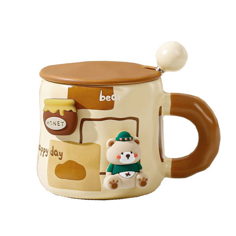 Veselă pentru Masă - Cana din Ceramica, Flippy, Model Urs pentru Baieti, Cana Universala, Cana pentru Ceai, Cana cu Lingura Metalica si Capac, 9.6 x 9.5 x 9.5 cm, 400 ml Bej