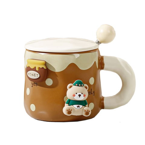 Veselă pentru Masă - Cana din Ceramica, Flippy, Model Urs pentru Baieti, Cana Universala, Cana pentru Ceai, Cana cu Lingura Metalica si Capac, 9.6 x 9.5 x 9.5 cm, 400 ml Maro inchis