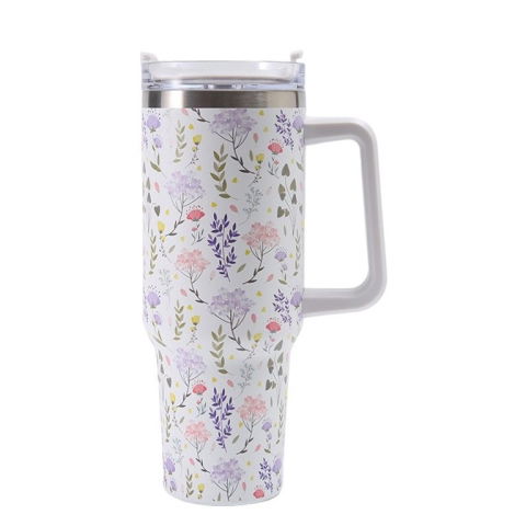 Pahare, Sticle si Cani - Cana Termos din Plastic, Flippy, pentru Bauturi Calde si Reci, cu Maner, Imprimeu Floral, Alb, 10x7.6x27.5 cm