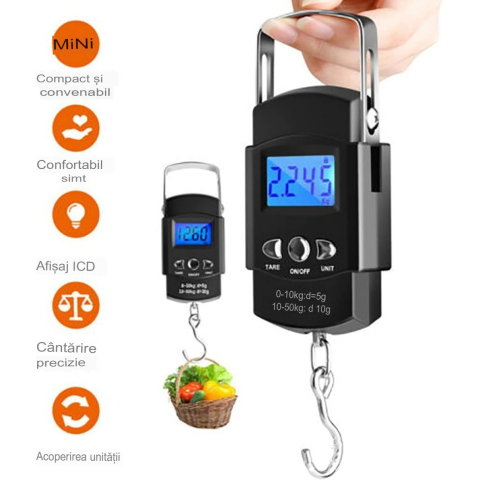 Import - Cantar Digital de Mana cu Carlig, Flippy, Cantar Portabil, Pescuit, cu Maner, Capacitate 50 kg, cu Metru Incorporat, 20.5 x 6 x 2.5 cm, Negru