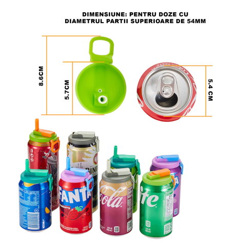 Import - Capac Anti Varsare pentru Doze, Flippy, Model cu Pai Transparent, Reutilizabil, din Plastic, cu Maner Transportabil, 5.4 cm, Gri