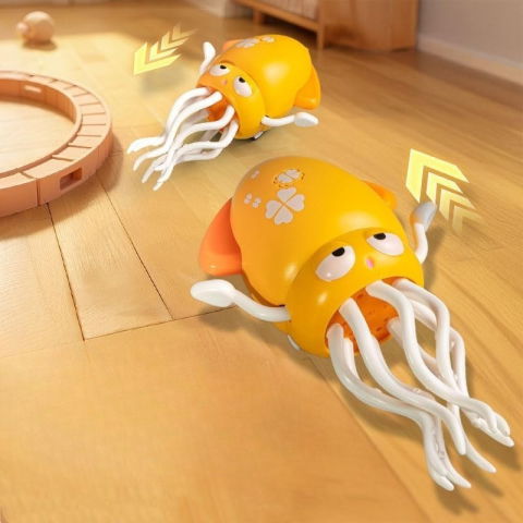 TeoMarket - Caracatita Dansatoare, Flippy, +3 Ani, 3 Moduri, din ABS, Incarcare USB, cu Undita Inclusa, 12.6 x 7.6 x 20.7 cm, Galben