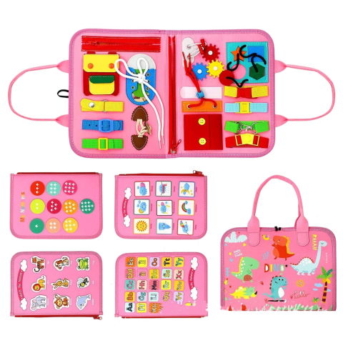 Jucarii educative - Carte Senzoriala Educativa Montessori 7in1, Flippy, 26 de Activitati, Dezvoltare Abilitati Motorii, 4 Pagini, Model Dinozauri, 28x22x7 cm, Roz