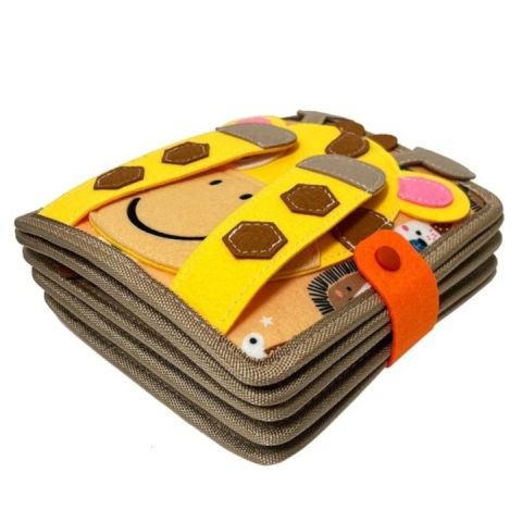 Jucarii educative - Carte Senzoriala Educativa Montessori 7in1, Flippy, Dezvoltare Abilitati Motorii, 8 Pagini, 3D, cu Elemente Detasabile, Model Girafa, 21x21x8 cm, Maro