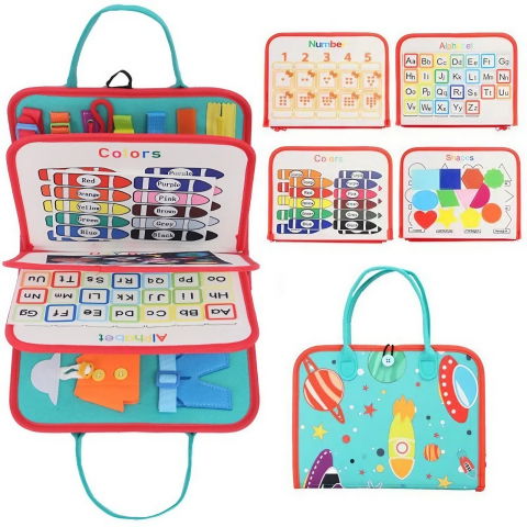 Jucarii educative - Carte Senzoriala Educativa Montessori, Flippy, cu Activitati, Dezvoltare Abilitati Motorii, 4 Pagini, Model Spatiu Cosmic, 28x22x7 cm, Albastru