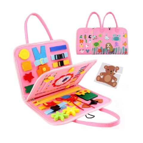 Jucarii educative - Carte Senzoriala Educativa Montessori, Flippy, Dezvoltare Abilitati Motorii, 3 Pagini, Model Sirena si Alfabet, 28x25x4 cm, Roz