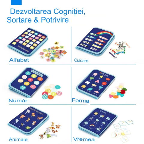 Jucarii educative - Carte Senzoriala Educativa Montessori, Flippy, Dezvoltare Abilitati Motorii, 5 Pagini, Model Dinozauri, 28x22x7 cm, Albastru