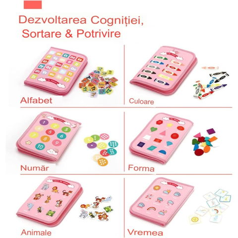 Jucarii educative - Carte Senzoriala Educativa Montessori, Flippy, Dezvoltare Abilitati Motorii, 5 Pagini, Model Unicorni, 28x22x7 cm, Roz