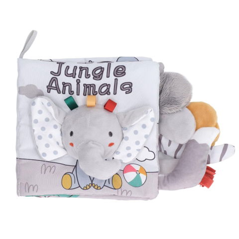 Jucarii interactive - Carte Senzoriala, Flippy, pentru Bebelusi, 15x16x6 cm, cu Animalute, 3D, Cu Sunete si Fosnete, 0-3 Ani, Model Elefantel, Gri