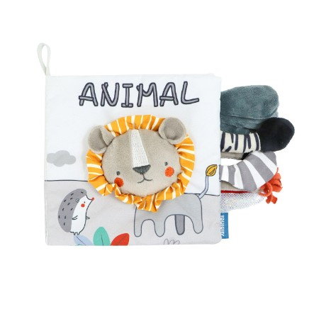 TeoMarket - Carte Senzoriala, Flippy, pentru Bebelusi, 15x16x6 cm, cu Animalute, 3D, Cu Sunete si Fosnete, 0-3 Ani, Model Leu, Gri