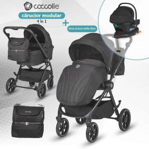 Import - Carucior modular 4in1 Coccolle Serry Jet black cu Scoica auto iSize Coccolle Knox Black si Baza isofix iSize Coccolle Knox