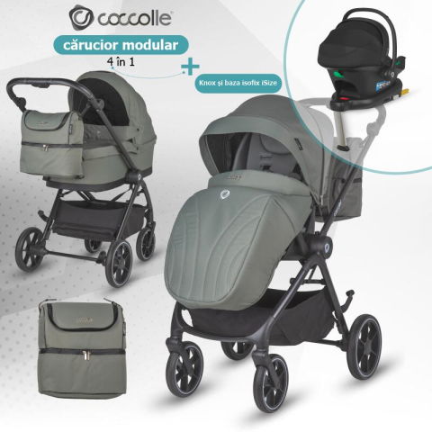 Import - Carucior modular 4in1 Coccolle Serry Moss green cu Scoica auto iSize Coccolle Knox Black si Baza isofix iSize Coccolle Knox
