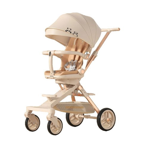 Carucioare Copii - Carucior Sport Flippy 3in1, 6-36 Luni, Pliabil, Tavita pentru Masa, Pat de Dormit, Centura de Siguranta, Roti 360 Grade, Reversibil, Parasolar, Maner Reglabil, 64 x 35 x 100 cm, Panda, Crem