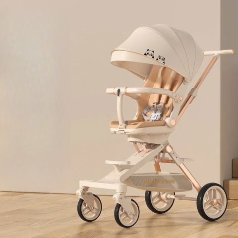 Carucioare Copii - Carucior Sport Flippy 3in1, 6-36 Luni, Pliabil, Tavita pentru Masa, Pat de Dormit, Centura de Siguranta, Roti 360 Grade, Reversibil, Parasolar, Maner Reglabil, 64 x 35 x 100 cm, Panda, Crem