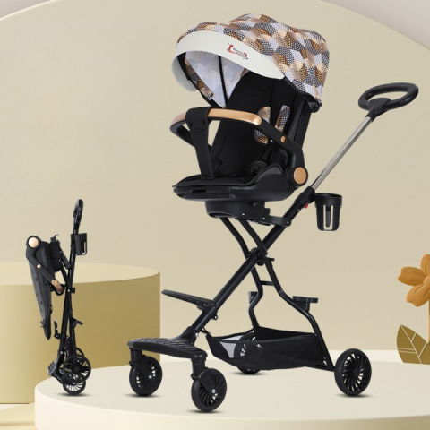 Carucioare Copii - Carucior Sport Flippy 3in1, 6-36 Luni, Reversibil, Pliabil, Tavita pentru Masa, Pozitie de Somn, Centura de Siguranta, Roti 360, Suport Pahar, Copertina pentru Soare, 32x63x95cm, Maro Model Carouri