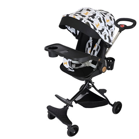 Carucioare Copii - Carucior Sport Flippy 3in1, 6-36 Luni, Reversibil, Pliabil, Tavita pentru Masa, Pozitie de Somn, Centura de Siguranta, Roti 360, Suport Pahar, Copertina pentru Soare, 32x63x95cm, Negru Model Pisicute