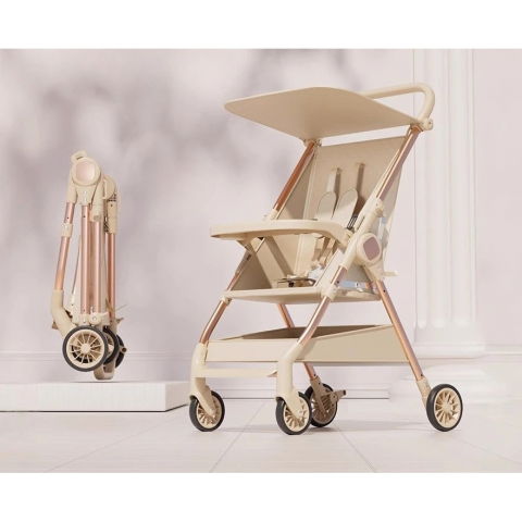 Carucioare Copii - Carut Pliabil, Flippy, Usor, Compatibil cu Avionul, de Plimbat/Dormit, Parasolar, Cutie Depozitare, Tabla de Masa, 93 x 70 x 40 cm, Bej
