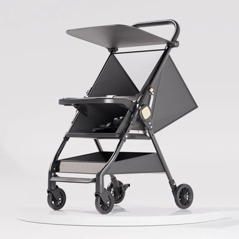 Carucioare Copii - Carut Pliabil, Flippy, Usor, Compatibil cu Avionul, de Plimbat/Dormit, Parasolar, Cutie Depozitare, Tabla de Masa, 93 x 70 x 40 cm, Negru