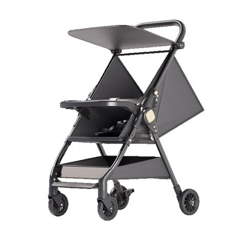 Carucioare Copii - Carut Pliabil, Flippy, Usor, Compatibil cu Avionul, de Plimbat/Dormit, Parasolar, Cutie Depozitare, Tabla de Masa, 93 x 70 x 40 cm, Negru