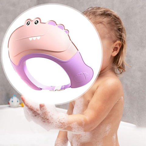 Articole pentru baie - Casca de Dus, Flippy, Previne Scurgerea Apei si Samponului pe Fata, 0-12 Ani, Ajustabila, din TPE+PP, 20 x 23 cm, Model Crocodil, Roz/Mov