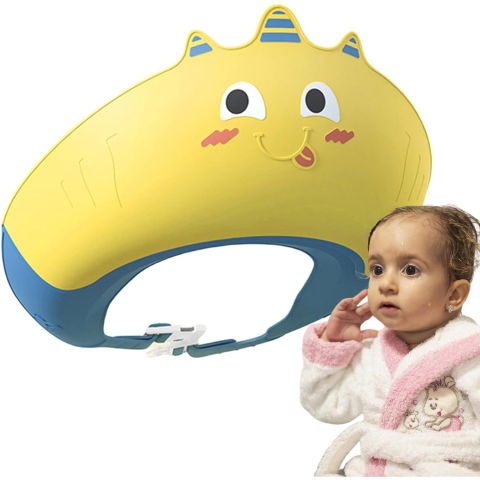 Articole pentru baie - Casca de Dus, Flippy, Previne Scurgerea Apei si Samponului pe Fata, 0-12 Ani, Ajustabila, din TPE+PP, 20 x 23 cm, Model Unicorn, Galben/Albastru