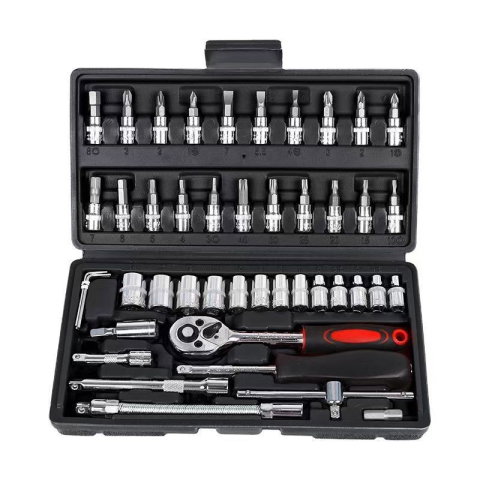 TeoMarket - Chei tubulare Set 46 de Piese, Flippy, Trusa Scule de Reparatii Auto, Prelungitoare Rigid si Flexibil, Articulatie Cardanica, Antrenor de Forta Glisant, Adaptoare, Maner pentru Surubelnita, 23 x 12 x 