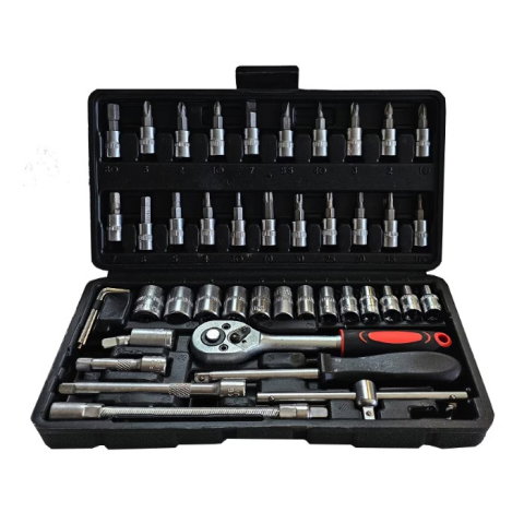 TeoMarket - Chei tubulare Set 46 de Piese, Flippy, Trusa Scule de Reparatii Auto, Prelungitoare Rigid si Flexibil, Articulatie Cardanica, Antrenor de Forta Glisant, Adaptoare, Maner pentru Surubelnita, 23 x 12 x 