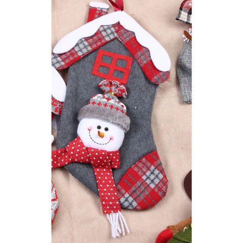 10 - 25 LEI - Ciorap Cadouri, model casa, culoare gri, imprimeu om de zapada, marimea 15x30 cm, Flippy