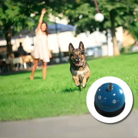 Articole pentru Animale - Clopotel Metalic Multifunctional, Flippy, Alastru cu Imprimeu Labuta Alba, 7.5x7.5x6.5 cm, Dresaj, Receptie, Restaurante