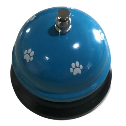 Articole pentru Animale - Clopotel Metalic Multifunctional, Flippy, Alastru cu Imprimeu Labuta Alba, 7.5x7.5x6.5 cm, Dresaj, Receptie, Restaurante