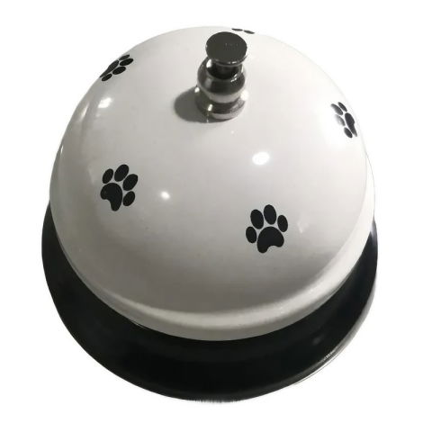 Articole pentru Animale - Clopotel Metalic Multifunctional, Flippy, Alb cu Imprimeu Labuta Neagra, 7.5x7.5x6.5 cm, Dresaj, Receptie, Restaurante