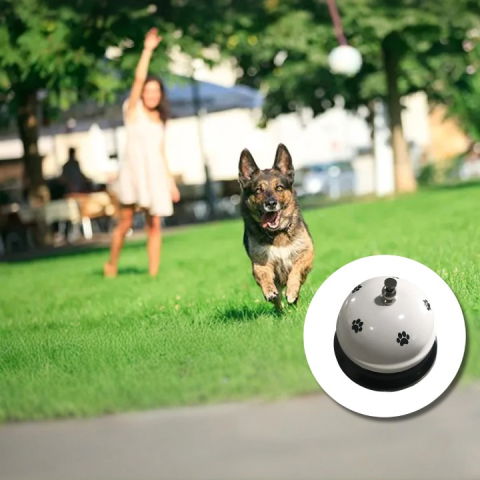 Articole pentru Animale - Clopotel Metalic Multifunctional, Flippy, Alb cu Imprimeu Labuta Neagra, 7.5x7.5x6.5 cm, Dresaj, Receptie, Restaurante