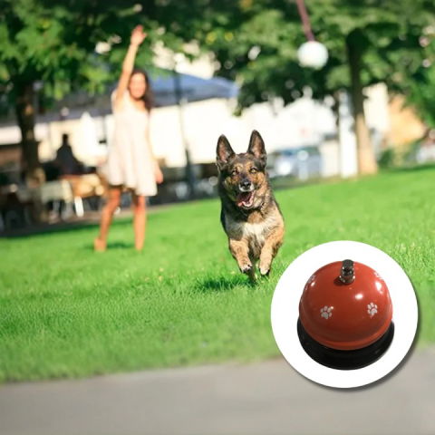 Articole pentru Animale - Clopotel Metalic Multifunctional, Flippy, Portocaliu cu Imprimeu Labuta Alba, 7.5x7.5x6.5 cm, Dresaj, Receptie, Restaurante