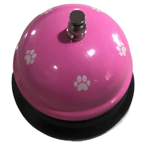 Articole pentru Animale - Clopotel Metalic Multifunctional, Flippy, Roz cu Imprimeu Labuta Alba, 7.5x7.5x6.5 cm, Dresaj, Receptie, Restaurante