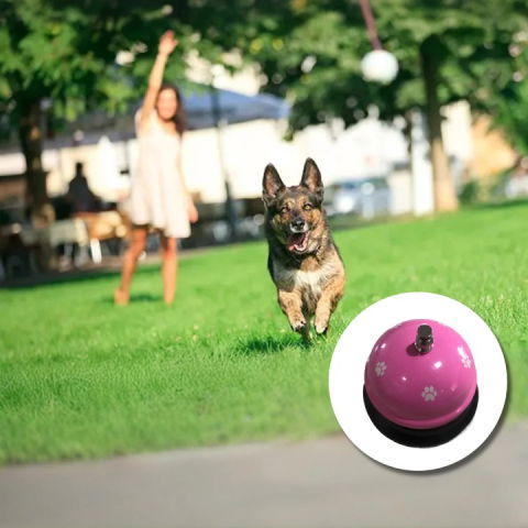 Articole pentru Animale - Clopotel Metalic Multifunctional, Flippy, Roz cu Imprimeu Labuta Alba, 7.5x7.5x6.5 cm, Dresaj, Receptie, Restaurante