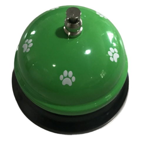Articole pentru Animale - Clopotel Metalic Multifunctional, Flippy, Verde cu Imprimeu Labuta Alba, 7.5x7.5x6.5 cm, Dresaj, Receptie, Restaurante