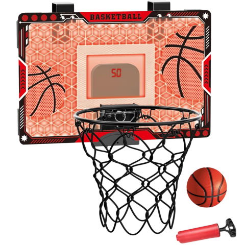 Jucarii interactive - Cos de Baschet pentru Copii, Flippy, cu Tablou de Bord Electronic, Minge, Pompa, 2 Moduri, Interior/Exterior, Inel Metalic si Rabatabil cu Arc, Luminos, 41x27.5x5 cm, Multicolor