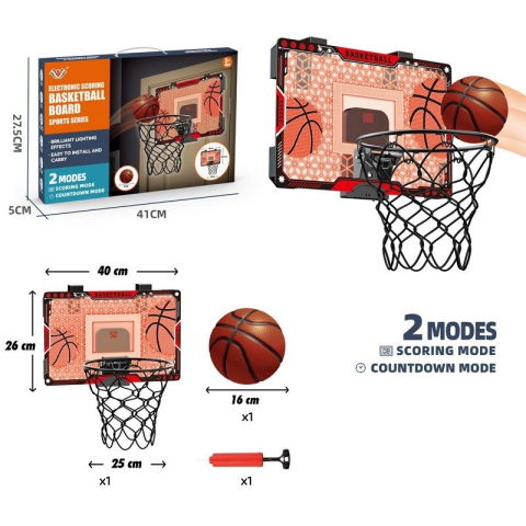 Jucarii interactive - Cos de Baschet pentru Copii, Flippy, cu Tablou de Bord Electronic, Minge, Pompa, 2 Moduri, Interior/Exterior, Inel Metalic si Rabatabil cu Arc, Luminos, 41x27.5x5 cm, Multicolor