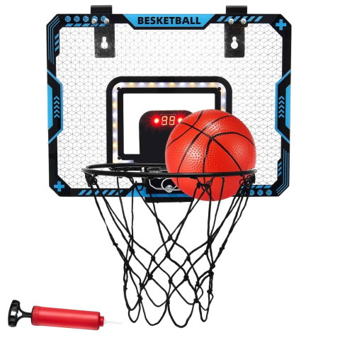 TeoMarket - Cos de Baschet pentru Copii, Flippy, cu Tablou de Bord Electronic, Minge, Pompa, 2 Moduri, Interior/Exterior, Inel Metalic si Rabatabil cu Arc, Luminos, 41x31x5 cm, Multicolor