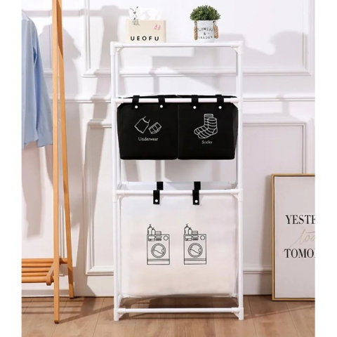 TeoMarket - Cos de Rufe, Flippy, 3 Rafturi, 3 Cosuri, Cadru de Otel Inoxidabil, 123x28x57 cm, Alb