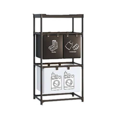 TeoMarket - Cos de Rufe, Flippy, 3 Rafturi, 3 Cosuri, Cadru de Otel Inoxidabil, 123x28x57 cm, Negru