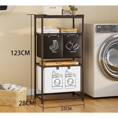 TeoMarket - Cos de Rufe, Flippy, 3 Rafturi, 3 Cosuri, Cadru de Otel Inoxidabil, 123x28x57 cm, Negru