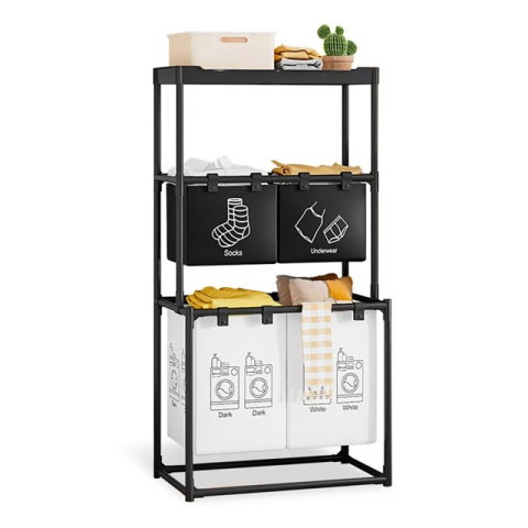 TeoMarket - Cos de Rufe, Flippy, 3 Rafturi, 4 Cosuri, Cadru de Otel Inoxidabil, 123x44x57 cm, Negru