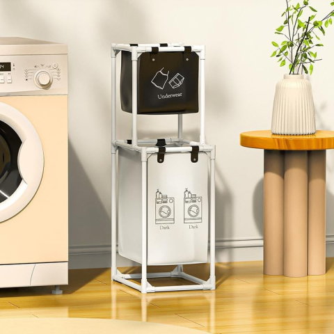 TeoMarket - Cos de Rufe, Flippy, cu 2 Etaje, 2 Cosuri, Cadru de Otel Inoxidabil, 97x44x31 cm, Alb