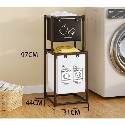 TeoMarket - Cos de Rufe, Flippy, cu 2 Etaje, 2 Cosuri, Cadru de Otel Inoxidabil, 97x44x31 cm, Negru